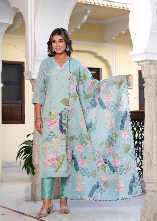 Light blue pure linen shimmer with full gitten work three piece set