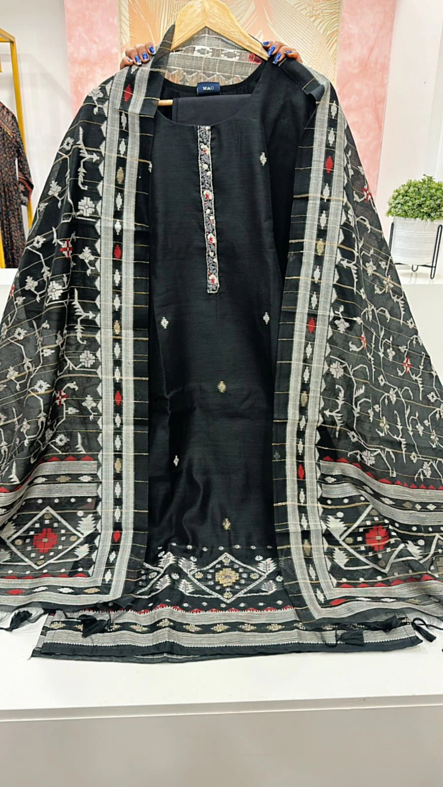 Black  jamadani with pearl work three piece set