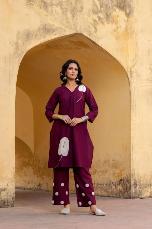 Mahroon flax cotton fully thread work designer two piece cordset